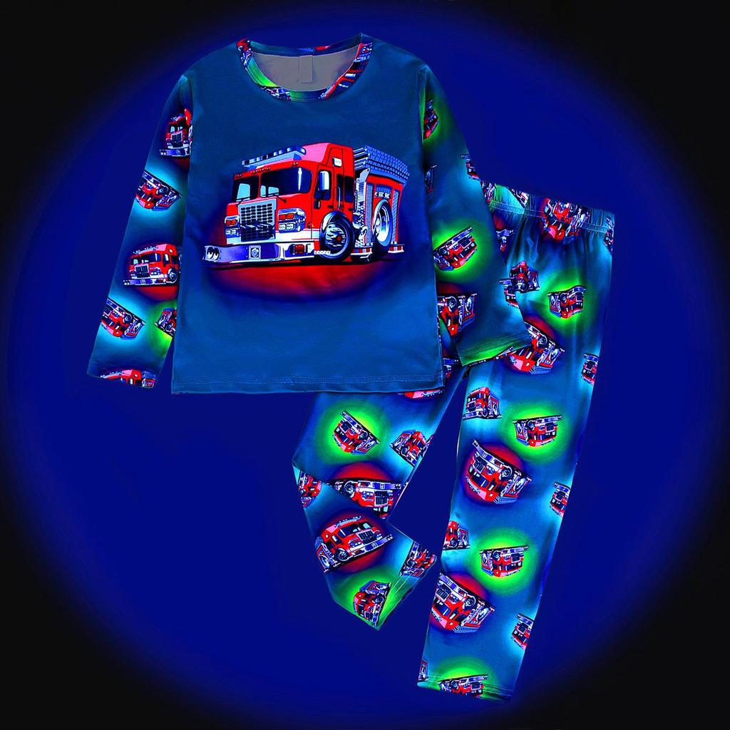 Ψηφιακό Πράσινο Φθορίζον Πυτζαμοσετ Δεινόσαυρος Αυτοκίνητο για Αγόρια και Κορίτσια - Μακρυμάνικο & Παντελόνι