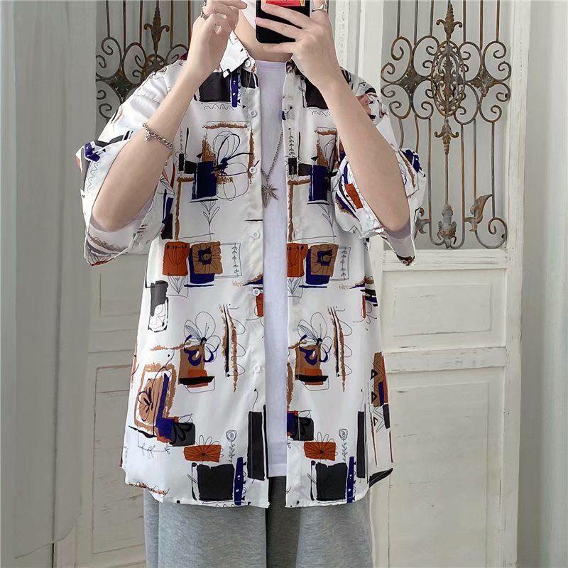 

Men s Harajuku-Style Retro Floral Short-Sleeve Shirt: Hong Kong Ulzzang Beachwear with Sun Protection, Perfect for Couples. L 55-62.5 kg