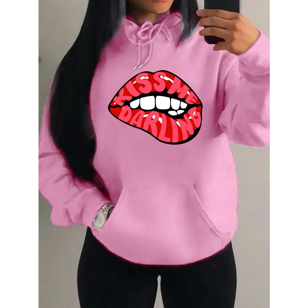 Kiss Me Darling Red Lips Print Hoodies Woman Autumn Fleece Hoody Casual Hip Hop Streetwear Loose Pullovers