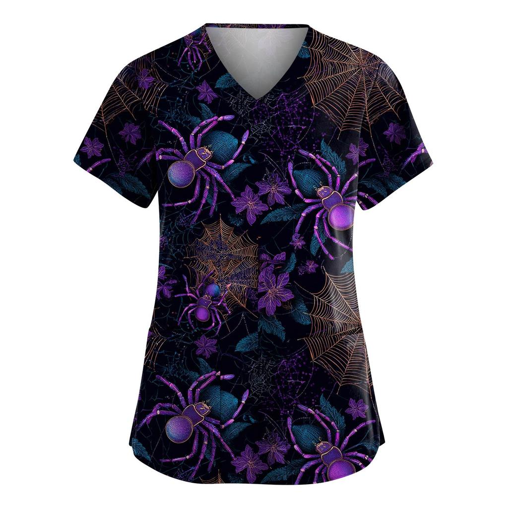 Women's Fashion V-Neck Short Sleeve Overalls With Pockets Halloween Printed Tops  Apparel