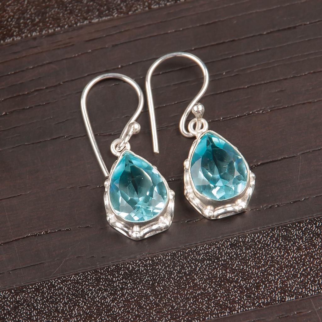 Natural Sky Blue Topaz Gemstone 925 Stamped Silver Handmade Drop Earrings 1.30" EE-3-2