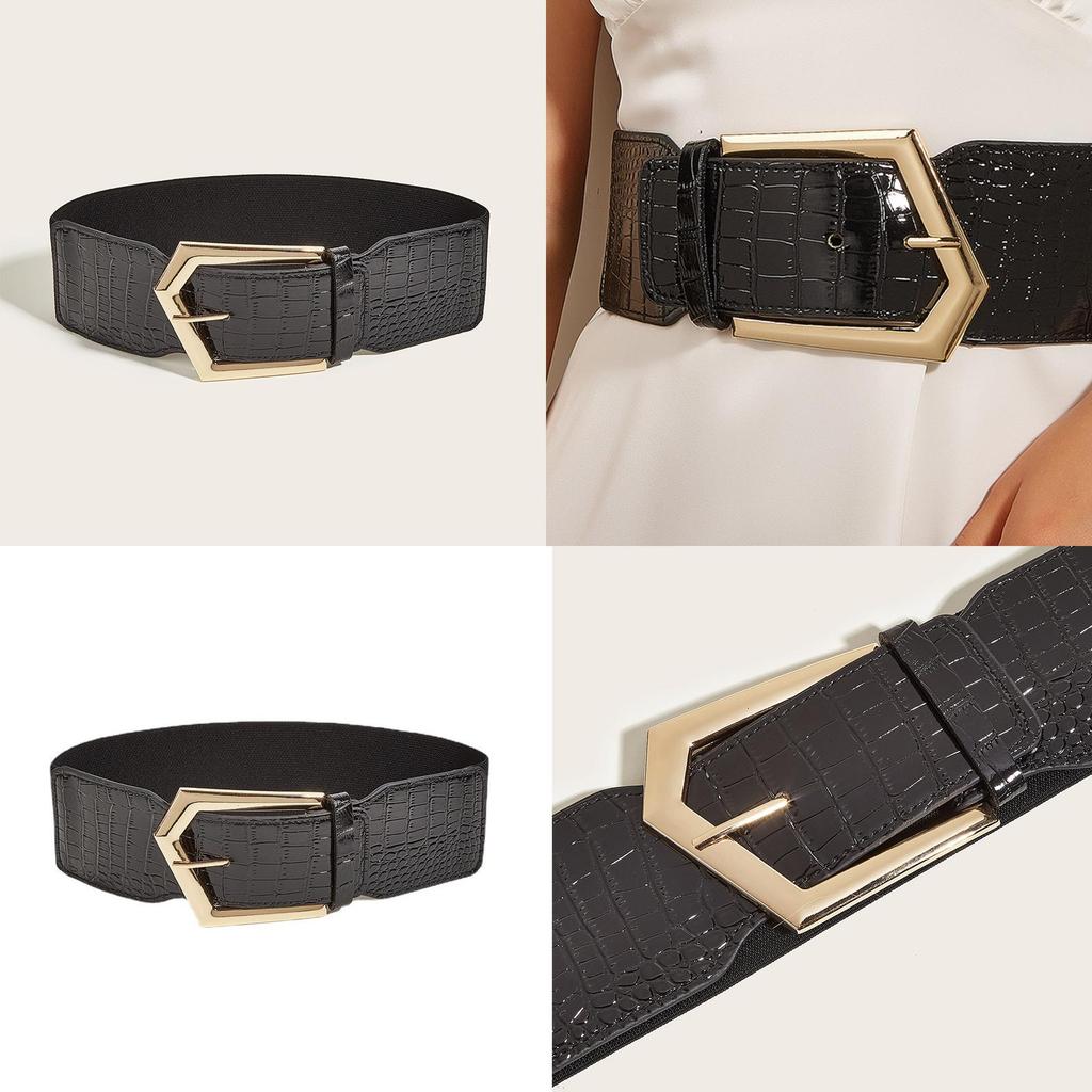 Vintage Korean Style Elastic Waist Belt For Dresses With Metal Geometric Buckle For Womens Fashion