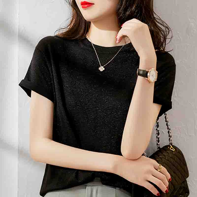 Summer Fashion New Short Sleeve Knitted Sweater Pullovers Women Tops O-Neck Blue Black Knitted Women Sweater Pullover  JJ39