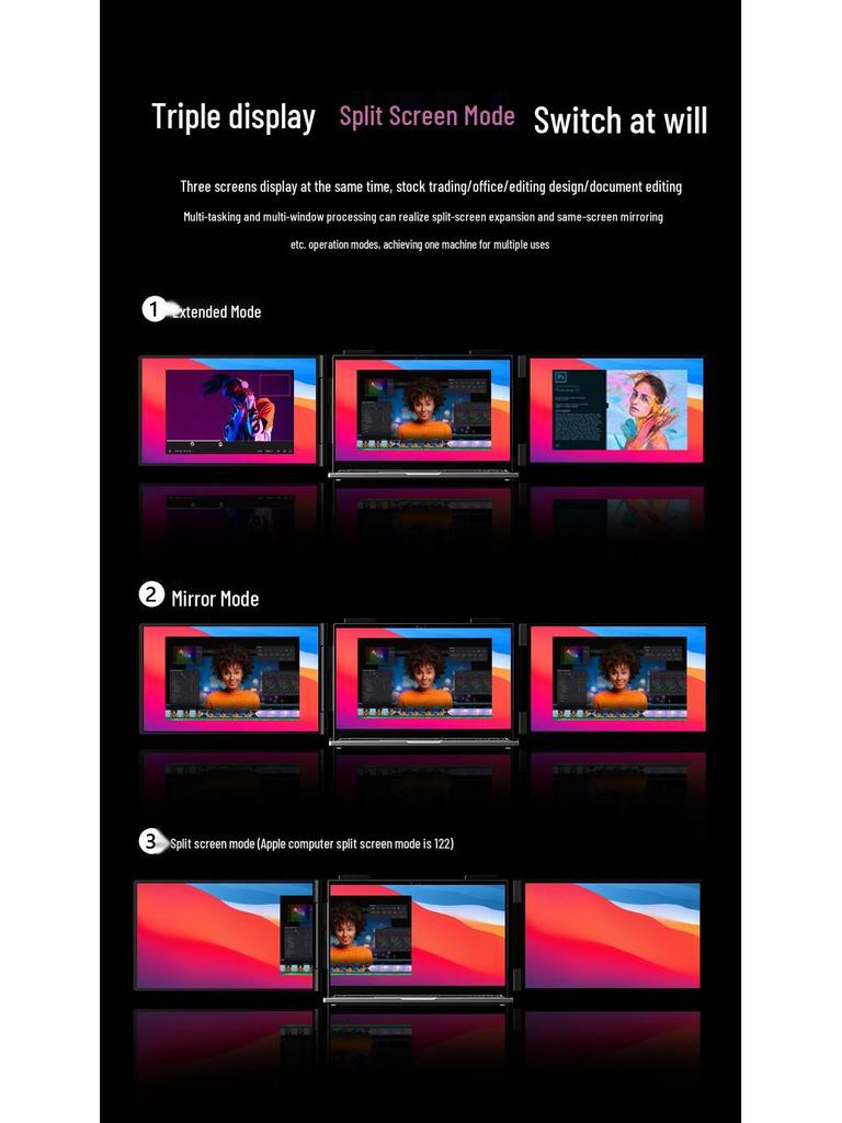 EIMIO Dual Screen Portable Monitor: 14" & 16" 2.5K Left-Right One-Line Triple Display Laptop Extension