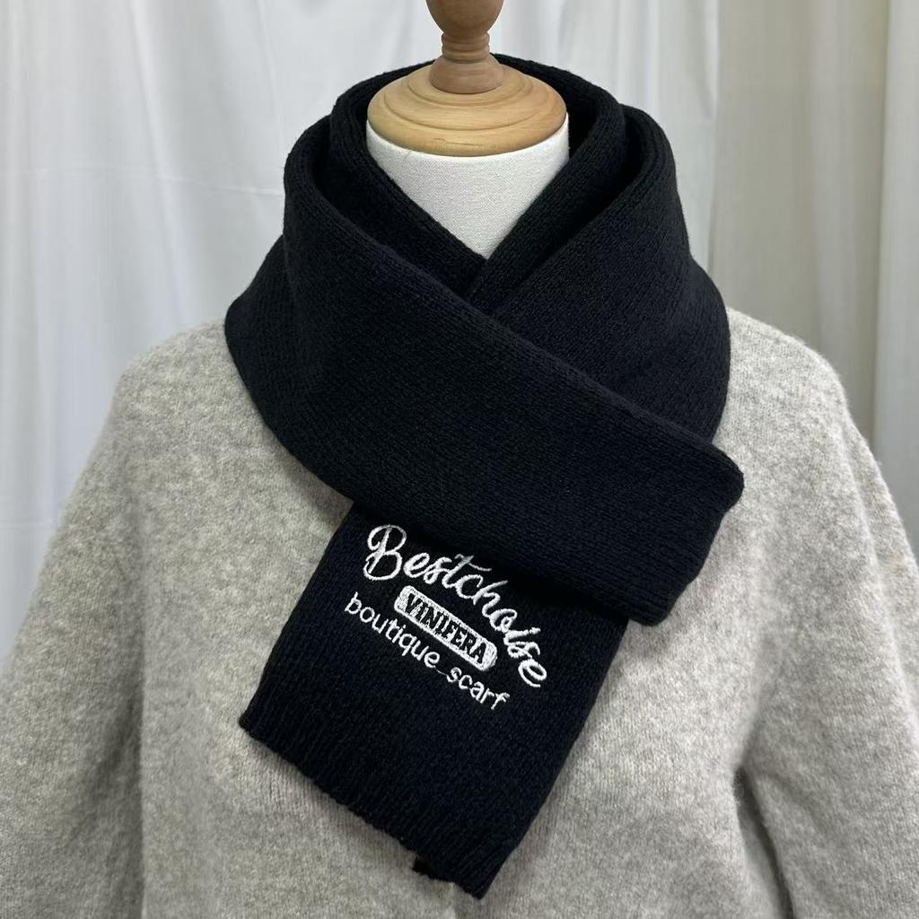 Korean Solid Embroidered Cashmere Scarf Women Students Warm Couples Knit Neck Warmer