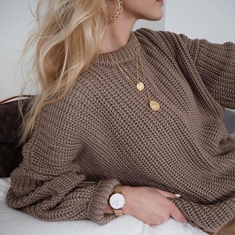 

Women s Chunky Knit Crew Neck Sweater Loose Fit Hollow Out Pullover S кофейный