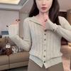 Commuter versatile lapel gray hollow long-sleeved knitted sweater women's autumn and winter sweater cardigan Korean temperament slim-fit top