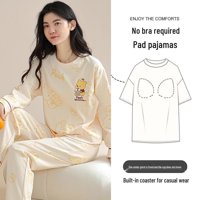Women's Cartoon Long-Sleeve Pajama Set with Chest Pads – Loose, Casual, Round Neck, Suitable for Spring and Autumn, Indoor and Outdoor Wear
