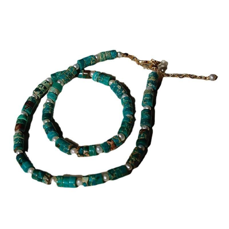 Fresh women's necklace, pearl texture, retro style jade pattern agate necklace, geometric pendant, light luxury