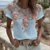 Women Tops Round Neck Short Sleeve Pullover Tops Loose Fit Faux Pearls 3D Floral