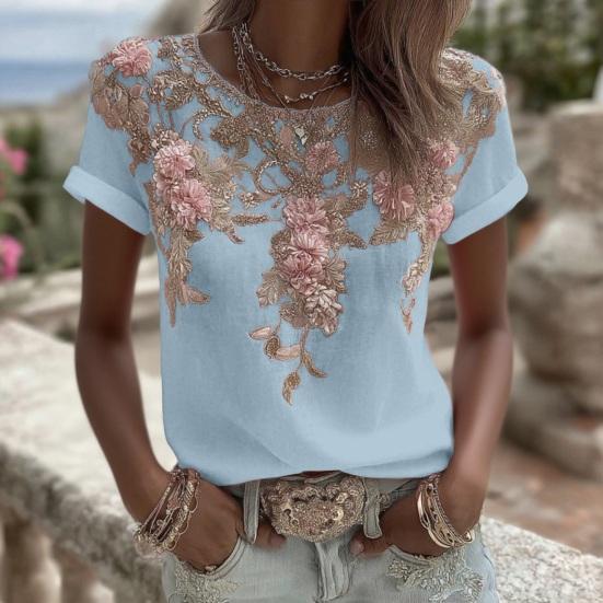 Women Tops Round Neck Short Sleeve Pullover Tops Loose Fit Faux Pearls 3D Floral