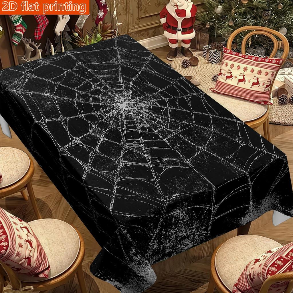 Halloween Spider Web Print Tablecloth, Black Background with White Cobweb Design, Stain Resistant for Spooky Themed Parties