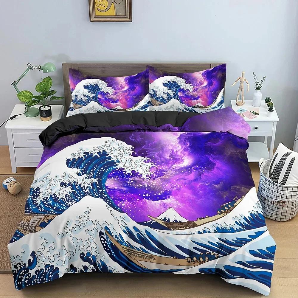 Big Wave Japanese Art Abstract Comfortable Duvet Quilt Cover Pillowcase Bedding Set Children Bedroom Decoration Home Textile