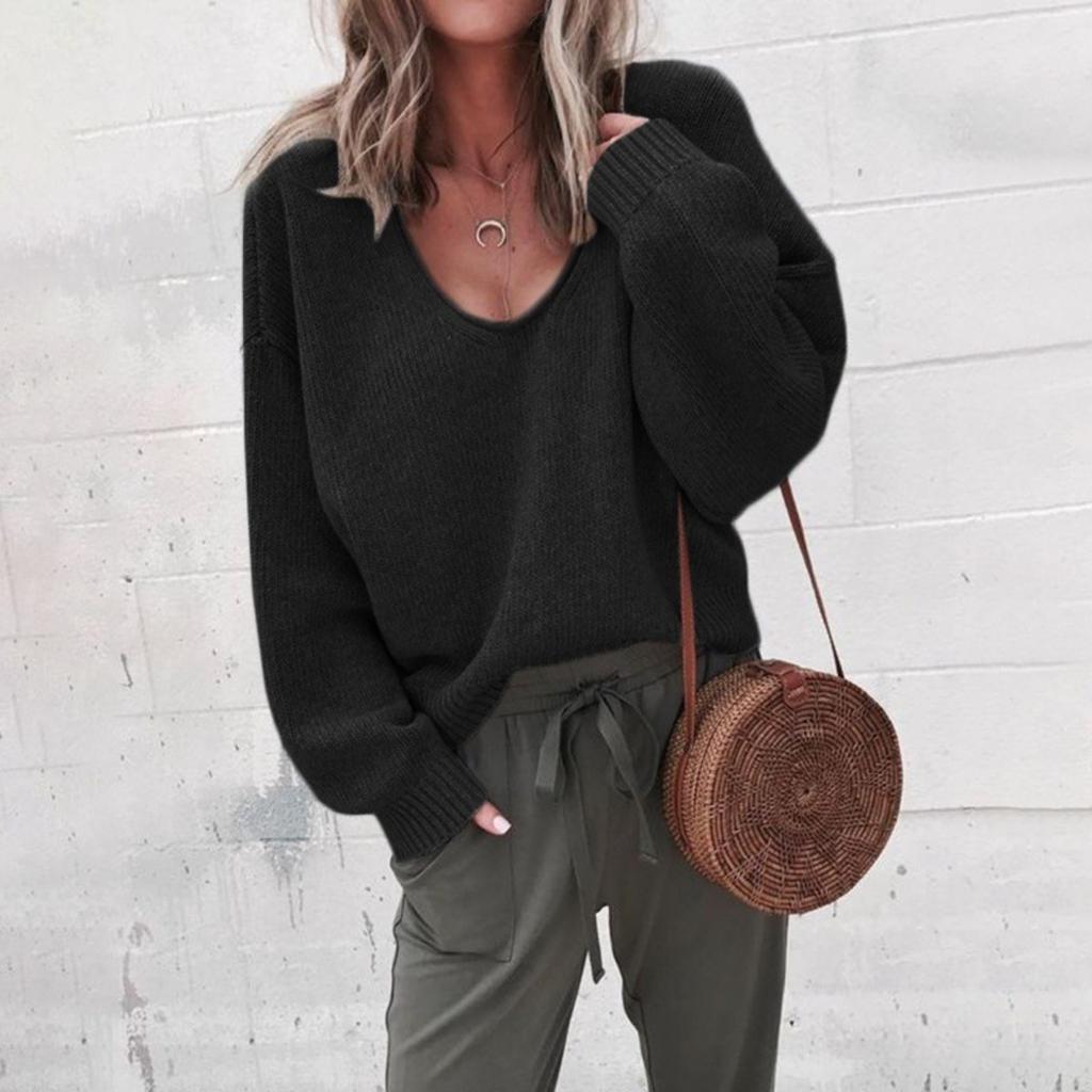 Ladies, Sweater, V-neck, Long Sleeved, Loose Fitting, Knitted Sweater, Base Coat, Top Coat