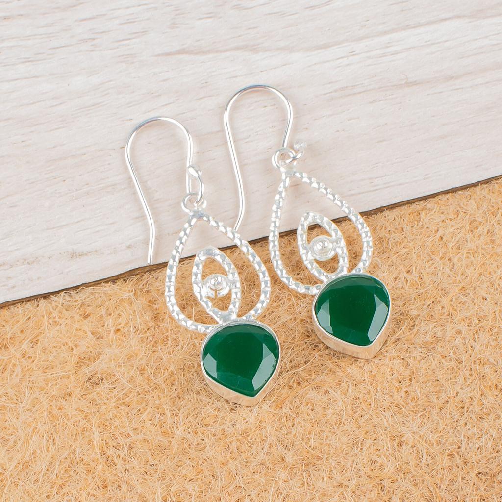 Srdce Zelený Onyx Drahokam 925 Sterlingové Stříbro Šperky Visací/Visecké Náušnice 2.00" EE-32-17