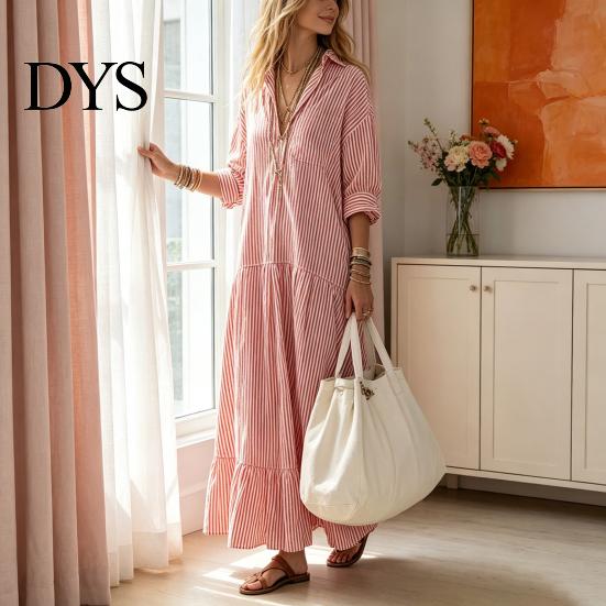 Maxi Shirt Dress Women Striped Long Sleeve Dress, V-Neck Collar Casual for Summer Autumn, Breathable Loose Fit Retro