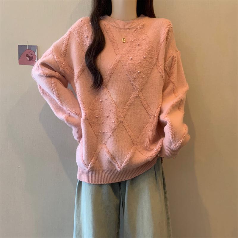 Women's White Beaded Rhombus Sweater - Loose Fit, Soft Knit, Cozy Autumn/Winter Korean Style