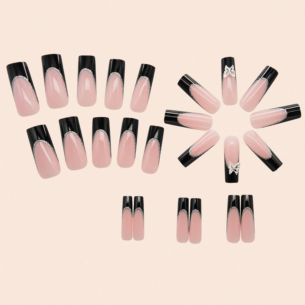 24-Piece Black French Extra-Long Ballerina Nails with Metal Butterfly Design - Press-On False Nails for a Spicy, Cool European-American Look