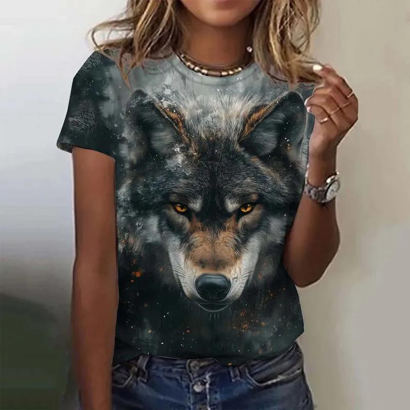 3D printed animal T-shirt women's fun wolf pattern T-shirt summer new Harajuku T-shirt top loose short sleeved clothes