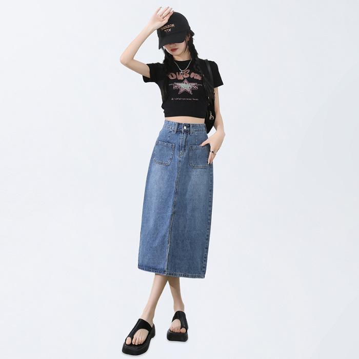High Waist Slit Denim Skirt for Women In Spring Retro Slim A-line Hip-covering Large Size Mid-length Skirt