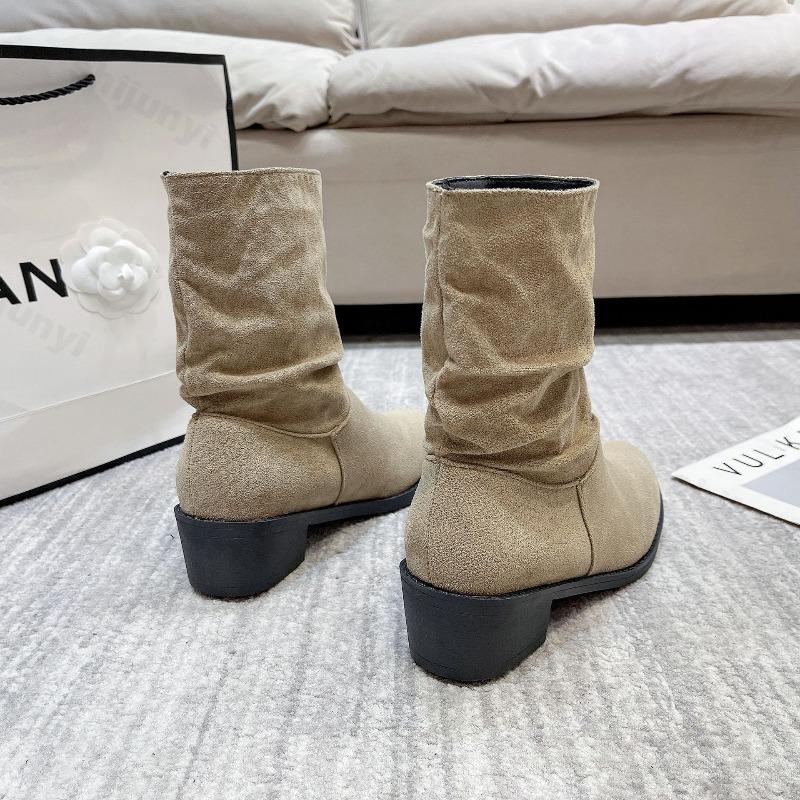 Spring Autumn Womens Ankle Boots 2026 Autumn Fashion New Suede Short Boots Comfortable Non Slip Outdoor Pleated Mid Heeled Shoes