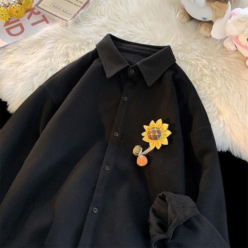 Sunflower Decorated Women's Shirt Solid Color Single Breasted Lapel Blouse Spring Autumn Woman Casual Korean Loose Top