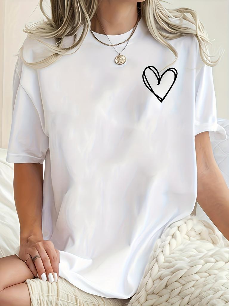 European sizes Women's Plus Size Oversized White Short Sleeve T-Shirt - Heart Print Round Neck Blouse, Loose Fit Casual Summer, Machine Washable