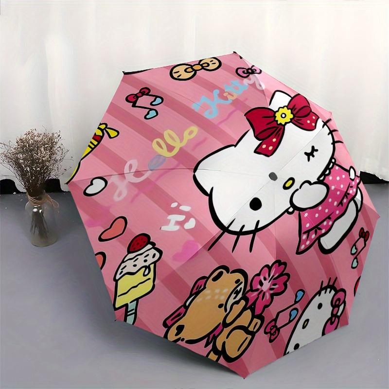 Hello Kitty,Pink Background Automatic Folding Umbrella-Simple 8-Rib Design, Bright Cartoon Pattern, Durable Iron Frame, Suitable For Travel,