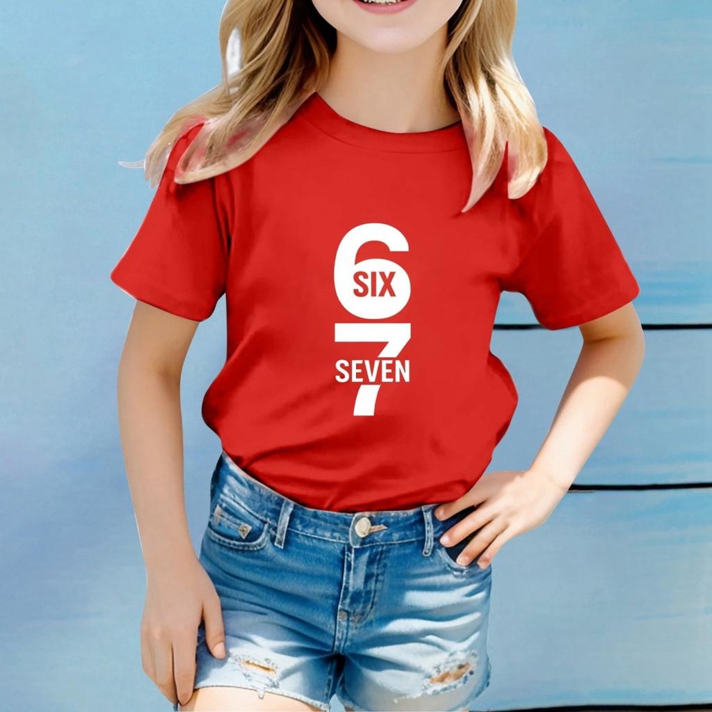 Children Funny Six Seven 67 Meme Print T-Shirt for Kids Humor Round Neck Tee Novelty Gift Girl Top Fashion Children's Clothing
