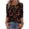 Women's Casual 3/4 Sleeve Crew Neck Top Halloween Themed Print Lightweight Pullover Blouse for Everyday Wear
