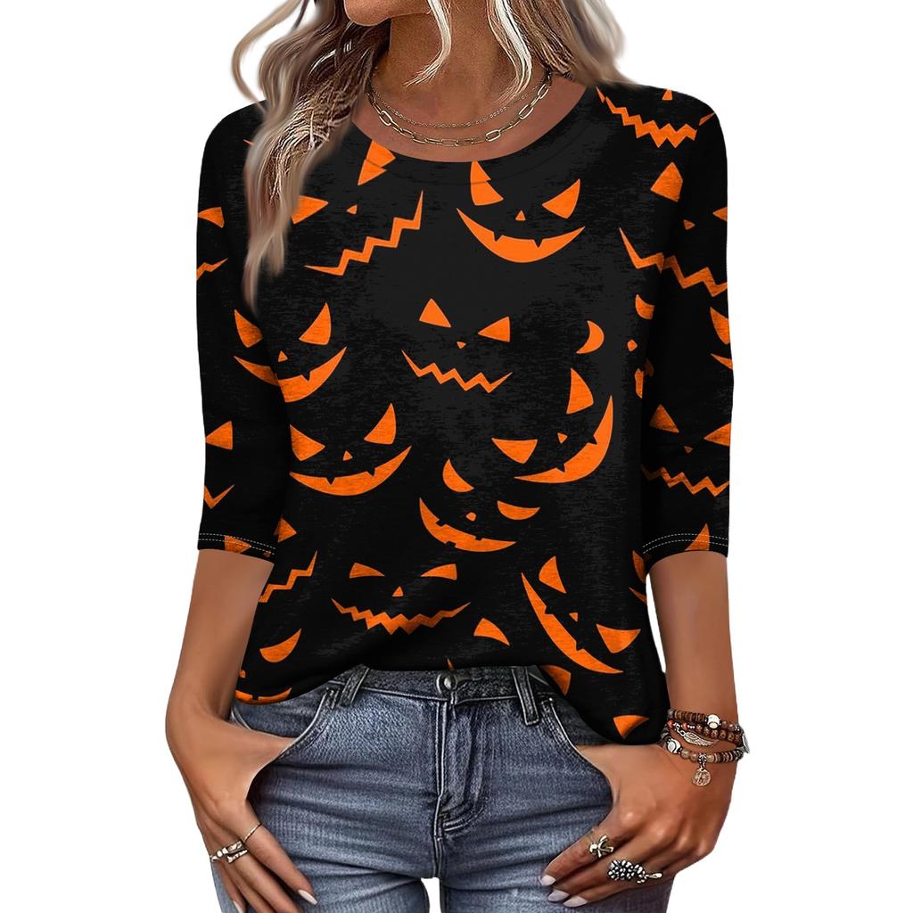 Women's Casual 3/4 Sleeve Crew Neck Top Halloween Themed Print Lightweight Pullover Blouse for Everyday Wear