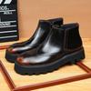 Men's High-Top Engraved Leather Ankle Boots with Thick Sole and Shiny Round Toe.