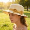 Beach Straw Hat Flat Top Wide Brim Sun Protection Hat with Striped Print Ribbon Bow Hand-Woven Breathable Summer Hat