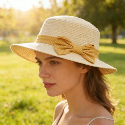 Beach Straw Hat Flat Top Wide Brim Sun Protection Hat with Striped Print Ribbon Bow Hand-Woven Breathable Summer Hat