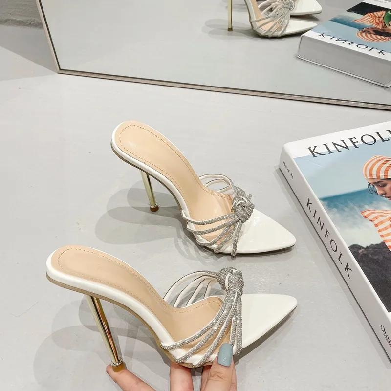 Sexy High Heels Slipper For Women Summer Fashion CRYSTAL Narrow Band Pointed Toe Slides Stripper Party Sandal Mule Shoes