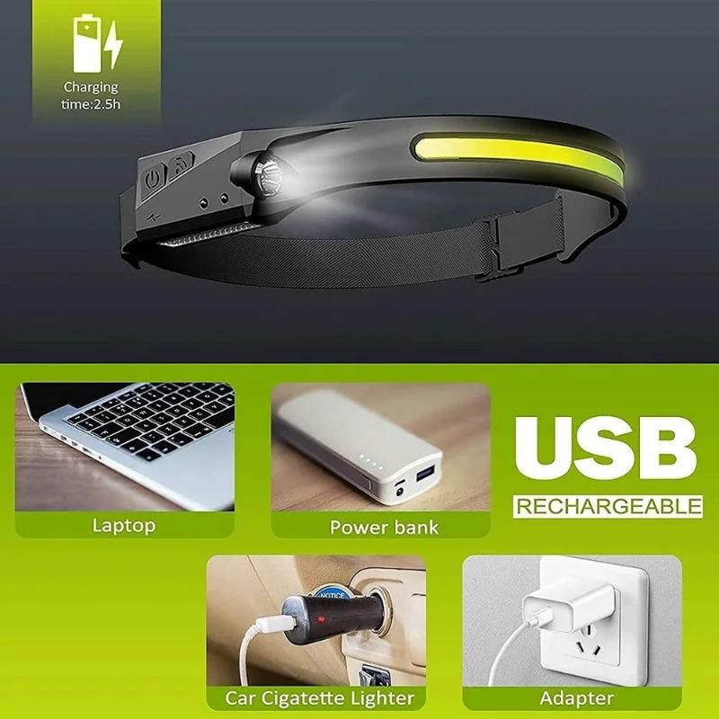 Lumină frontală cu inducție COB LED cu baterie încorporată, lanternă, lumină frontală reîncărcabilă USB, 5 moduri de iluminare, lumină de cap