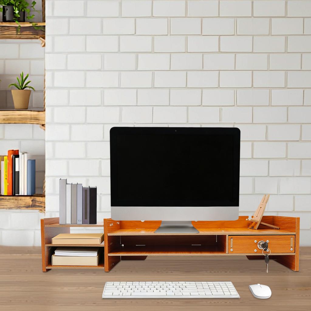 Nowoczesny Drewniany Stojak na Monitor z Zamykaną Szufladą i Uchwytem na Telefon, Oszczędzający Miejsce Organizer MDF na Biurko do Domowego Biura, Łatwy Montaż