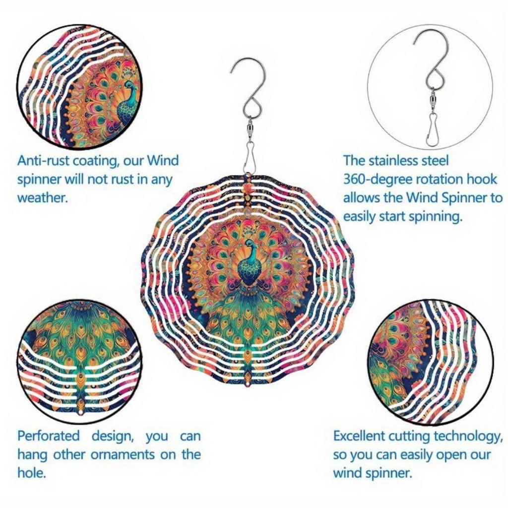 Flower Peacock Wind Chime Outdoor Garden Patio Decor Weatherproof 2D Art Rotating Hook Holiday Home Decoration
