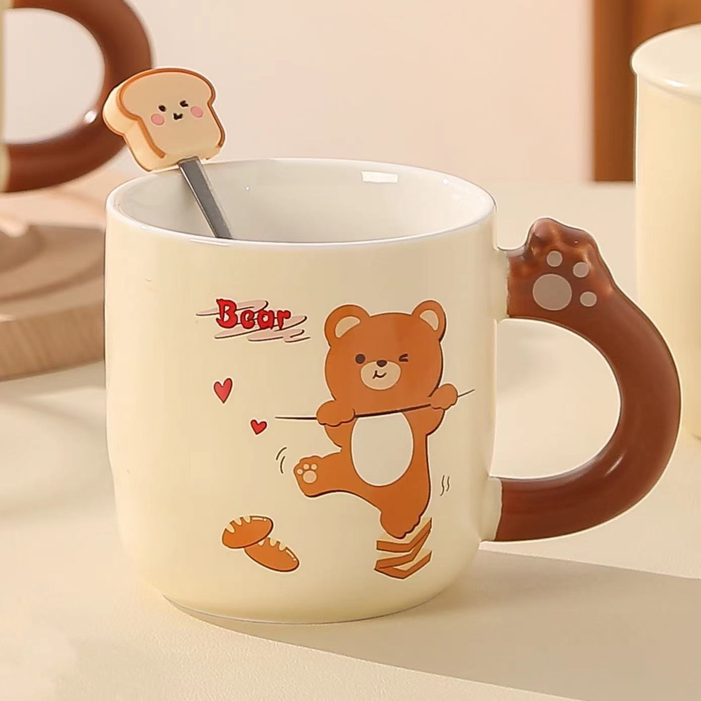 

Milk Fufu Ceramic Mugs Cute Bread Bear Cups Covered Spoons Couple s Office and Home Coffee Milk Cups 420ml