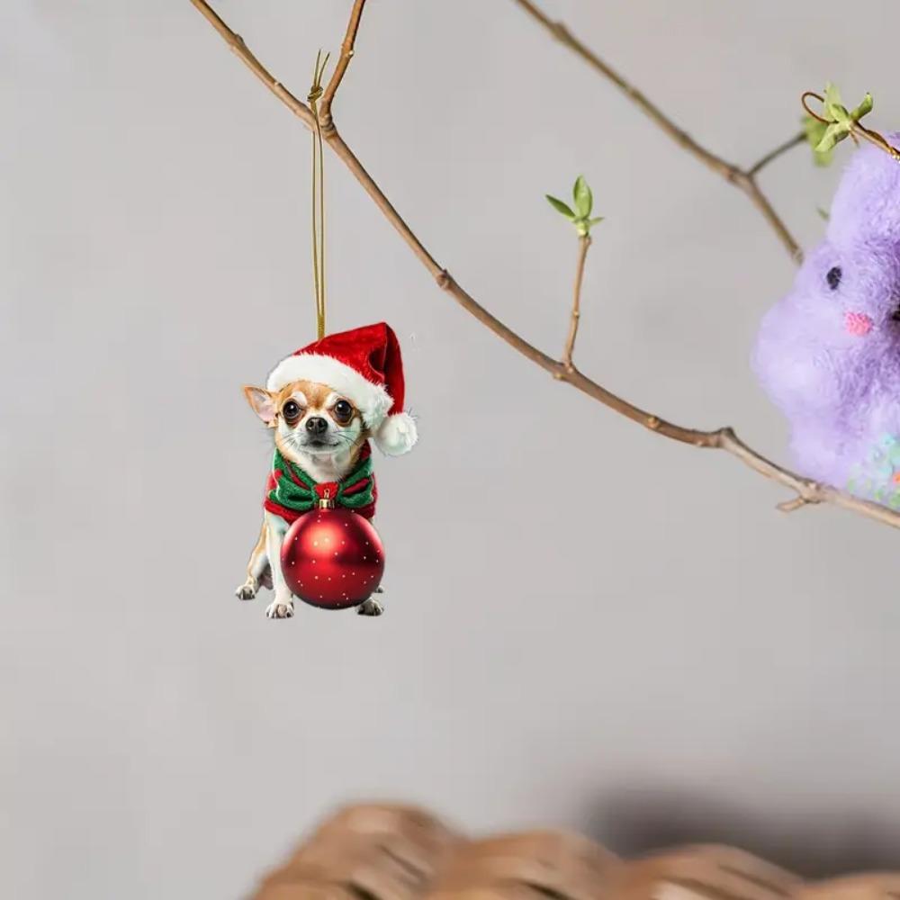 2D Chihuahua Christmas ornament for car mirrors, home decor, and keychains. A perfect holiday gift.