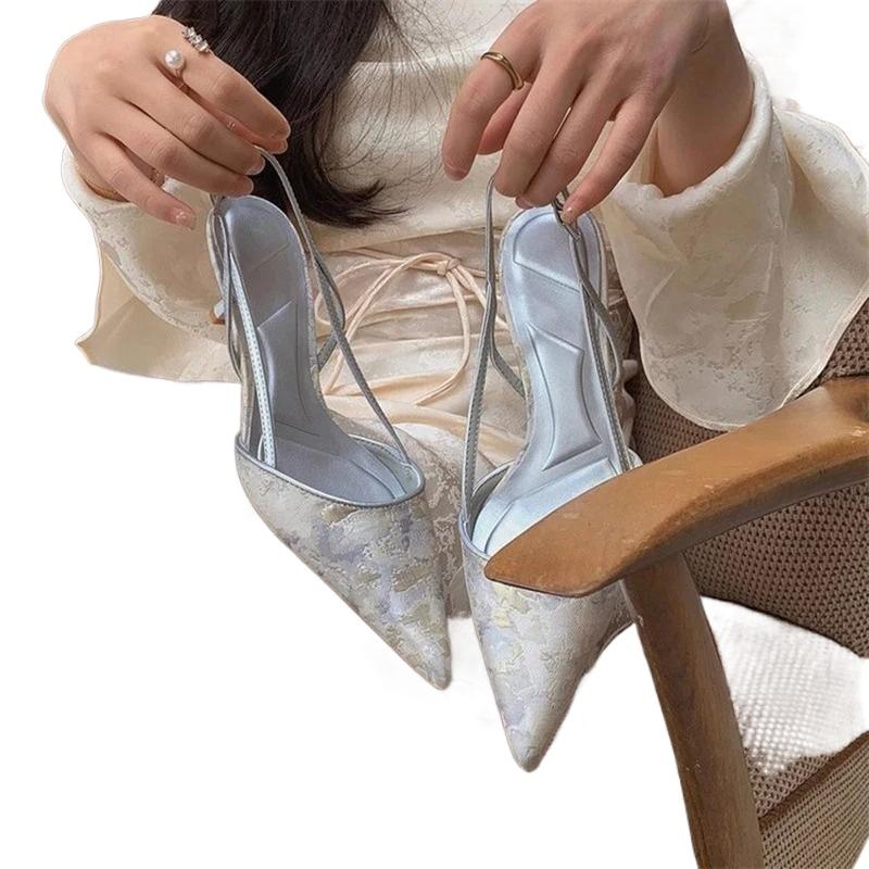Fashion Fashion Print Thin Heels Pumps for Women Summer Pointed Toe Med Heels Sandals Woman Ankle Strap Chinese Style Slingbacks Pumps