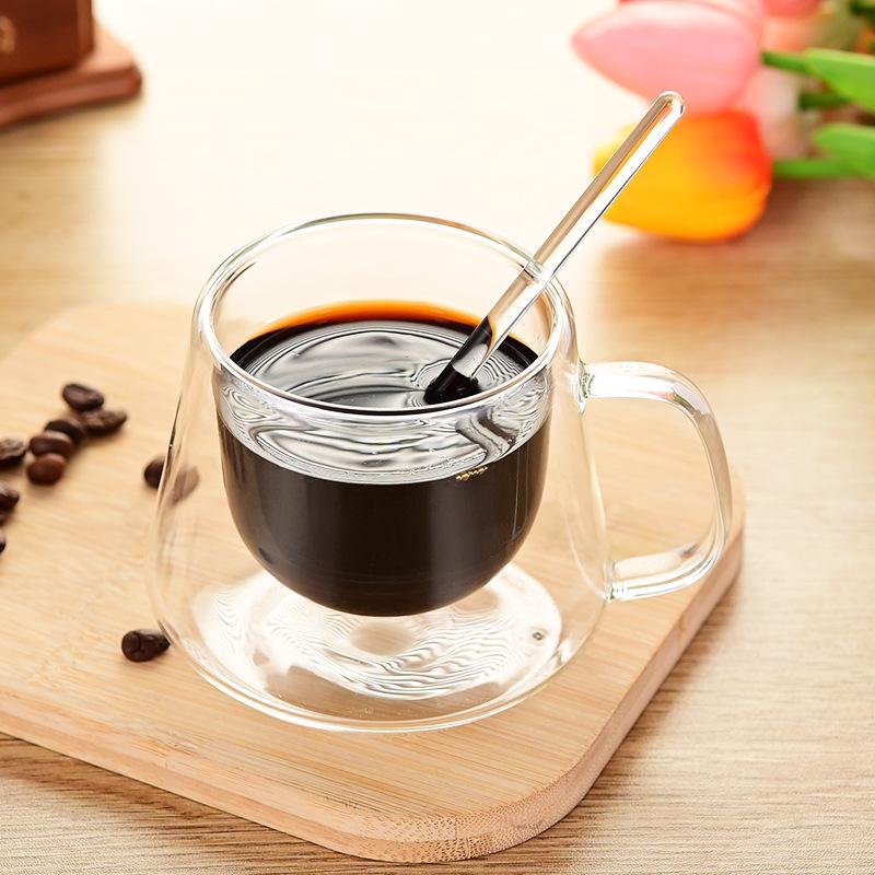 Heat-Resistant Double-Layer Glass Coffee Mug with Wooden Tray, 200ml