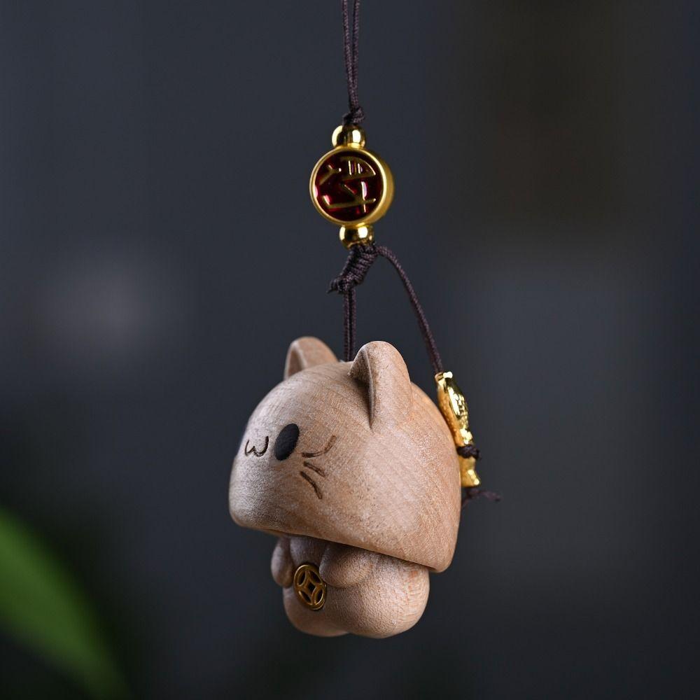 Hand-carved Wood Carving Pendant Cute Car Hanging Ornament Wooden Cat Phone Chain  Phone Accessory