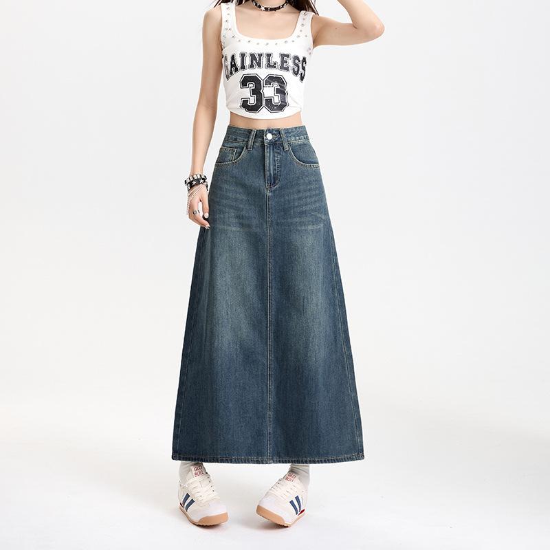 Denim Skirt Design with Pocket Slit Classic Style Hip Cover Mid-length Skirt Slim Waist Showing Long Legs