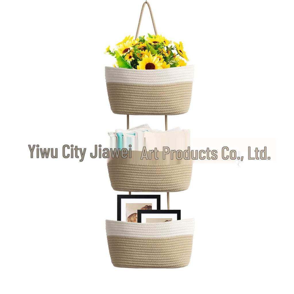 Three-Layer Wall-Mounted Cotton Rope Storage Basket - Decorative Indoor Organizer for Books and Sundries.