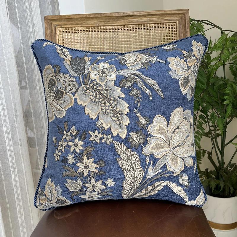 Deluxe Floral Blue Royal Chenille Woven Home Decorative Pillow Case 45x45cm Rope Pipping 1 Piece Pack