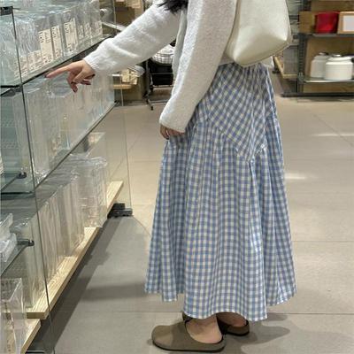 Women's Retro Blue Plaid High Waist Patchwork Midi Skirt (Summer 2025 Collection)
