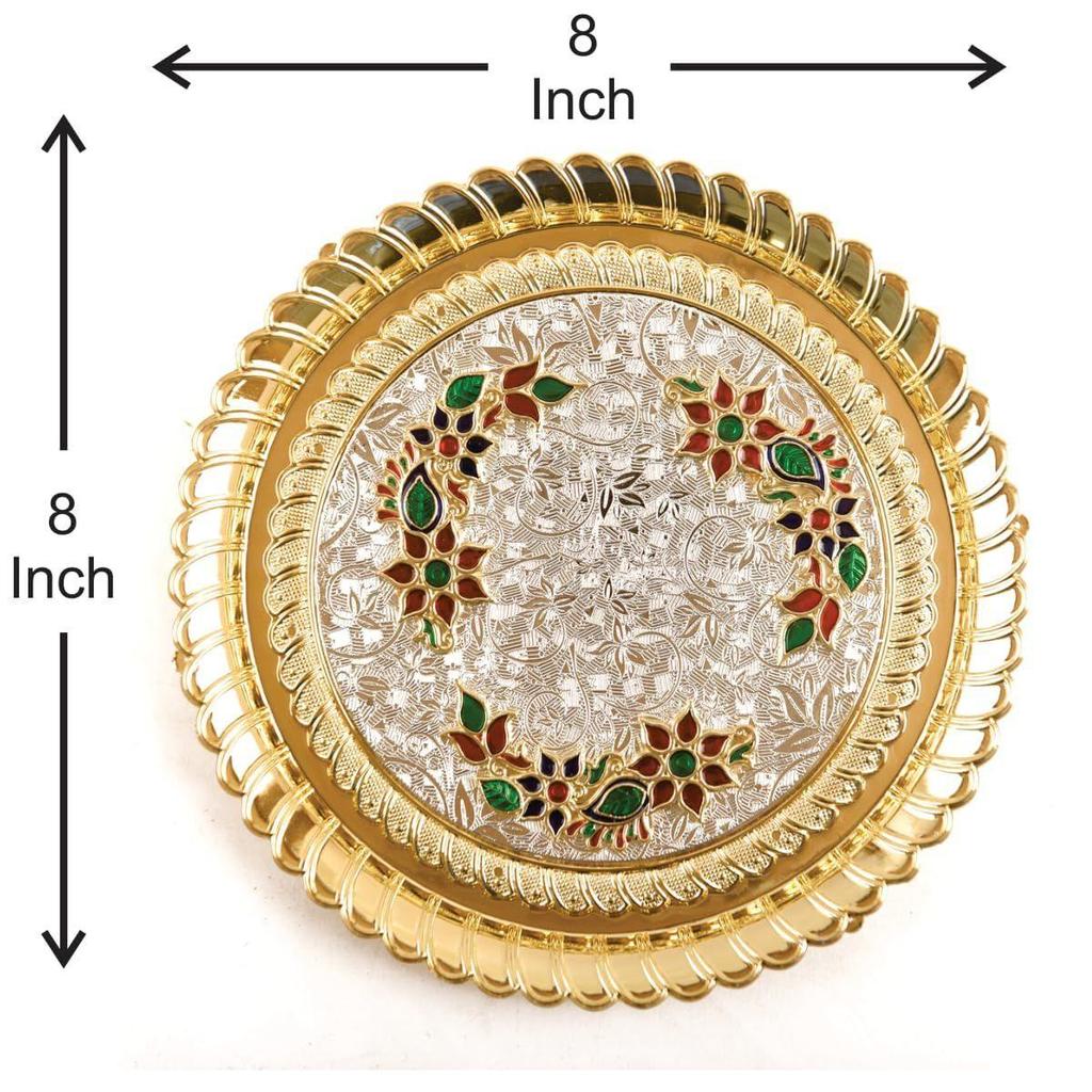 Handgefertigtes traditionelles Minakari Pfauen Thali Set, vergoldet, mit Rakhi für den Bruder