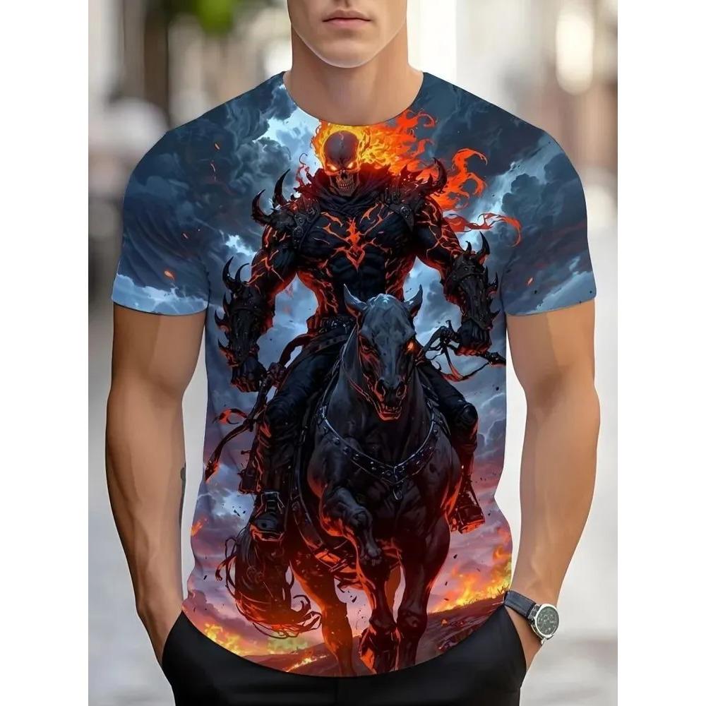 Men's Summer Comfortable Fashionable T-shirt Soft Breathable Skull Animals Portrait Colorful 3d Printing Round Neck Short Sleeved T-shirt