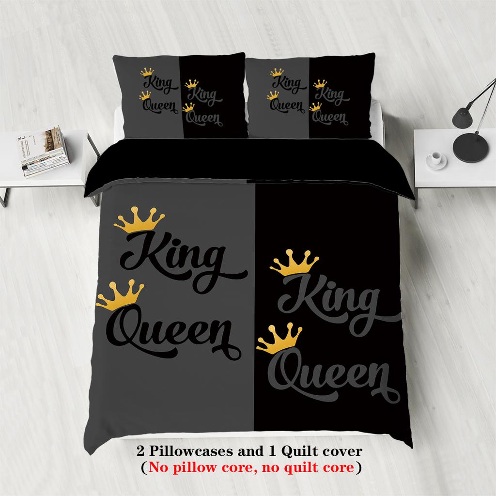 3-piece Couple Black Grey King Queen Pattern Printed Down Duvet Cover (1 piece set+2 pillowcases, no core) Couple Bedding Set